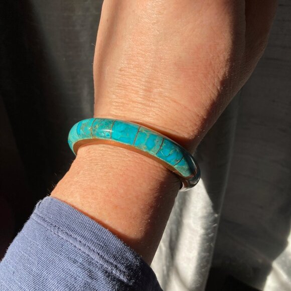 Jay King / DTR , Turquoise Inlay, Copper Hinged Bangle, Magnetic closure - Picture 4 of 13